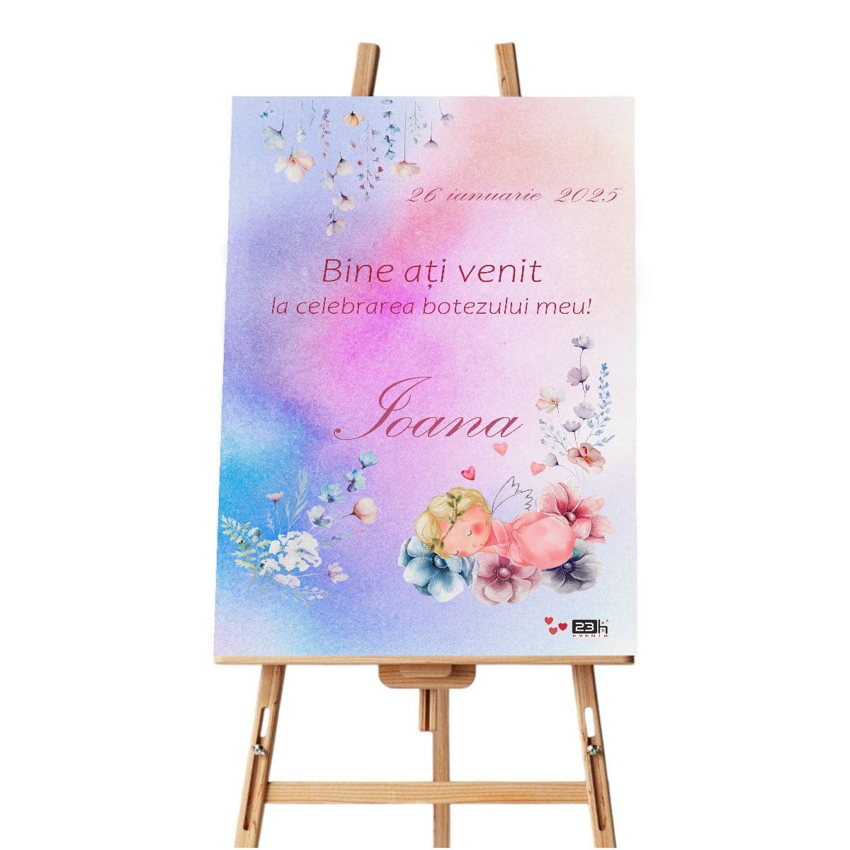 Panou Bun Venit Botez, model personalizat Îngeraș, dim. 60x90 cm ILIF502028