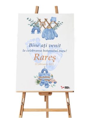 Panou Bun Venit Botez, model personalizat Tălpițe Albastre, dim. 60×90 cm – ILIF502027