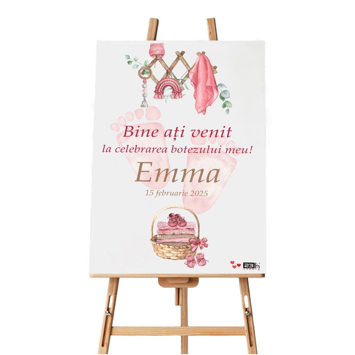 Panou Bun Venit Botez, model personalizat Tălpițe Roz, dim. 60x90 cm ILIF502030