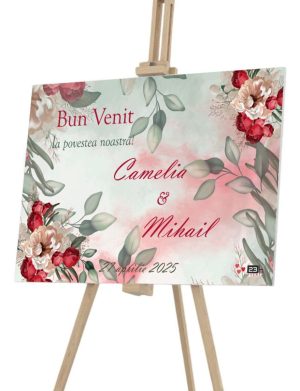 Panou Bun Venit, model Bujori Personalizat, dim. 90×60 cm – ILIF502003