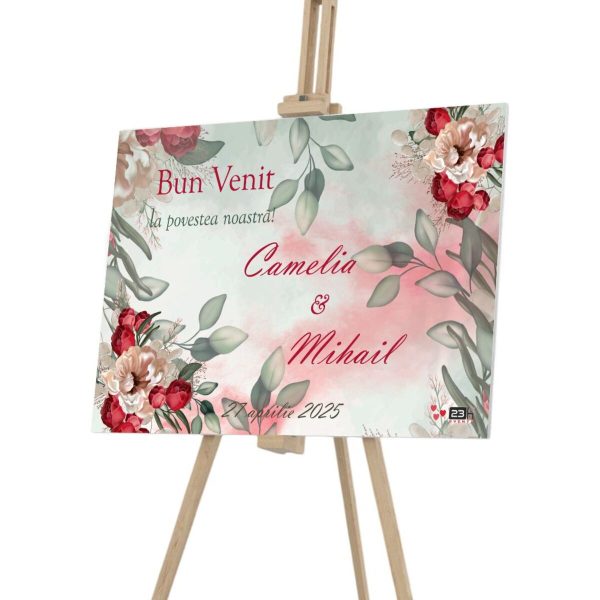 Panou Bun Venit, model Bujori Personalizat, dim. 90x60 cm ILIF502003