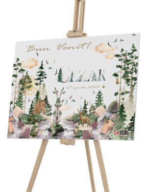 Panou Bun Venit Botez, model personalizat Pădure, dim. 90x60 cm - ILIF502026