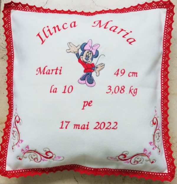 Pernuță brodată cu datele de naștere ale copilului, alb cu Minnie LLDJ502010