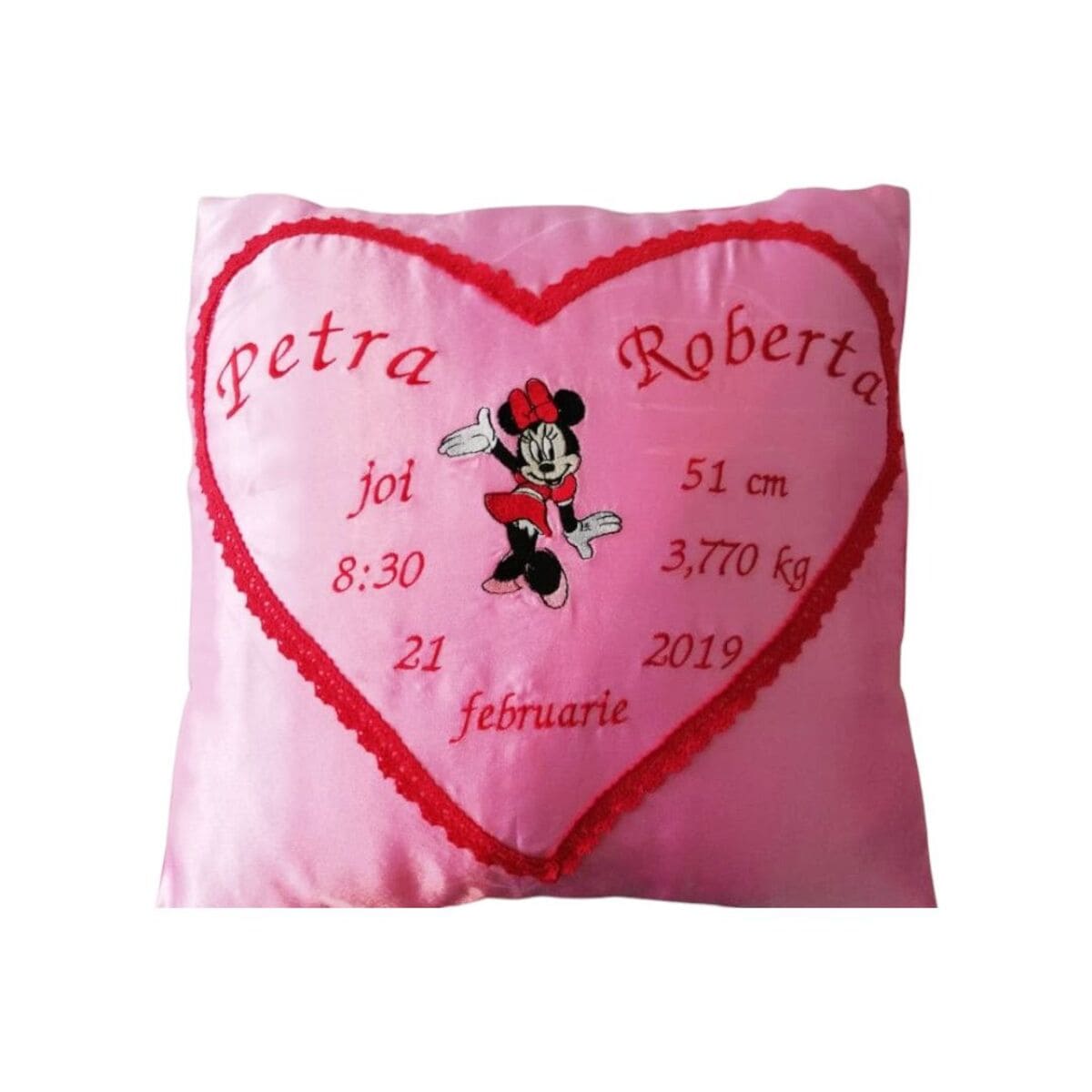 Pernuță brodată cu datele de naștere ale copilului, roz cu Minnie LLDJ502009