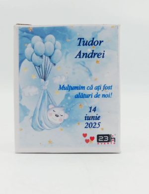 Mărturie botez, iconiță în cutie personalizată, Ursuleț & baloane-bleu – ILIF503034