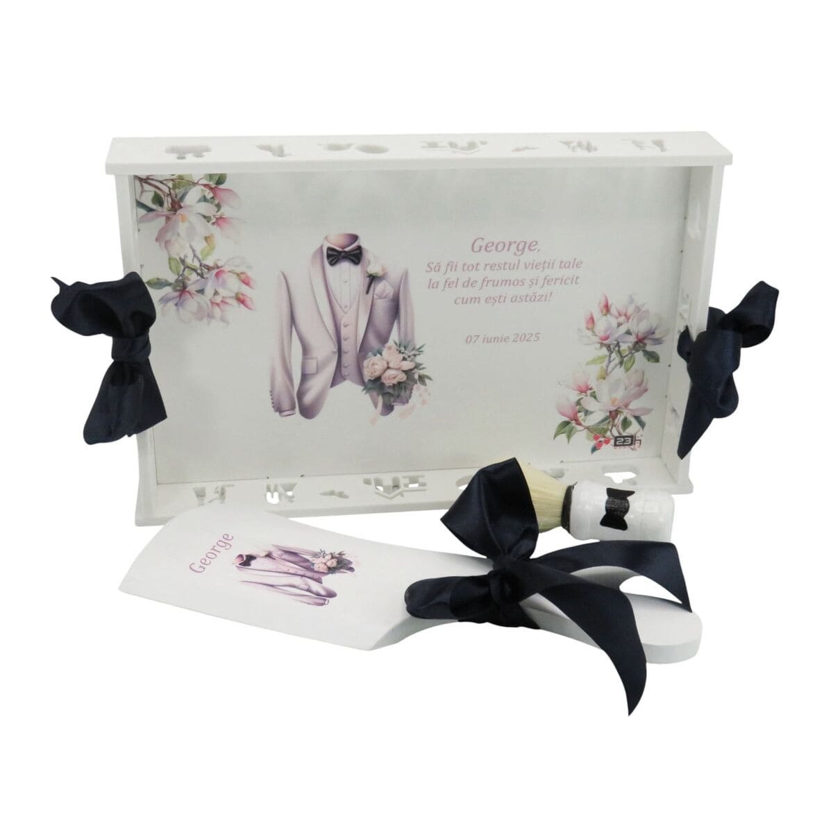 Tavita pentru gatitul Mirelui Magnolie alba model Personalizat set 3 piese ILIF503008 3