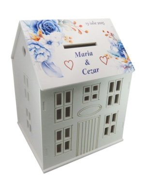 Cutie Dar Nuntă, model personalizat căsuță Flori Albastre, 30x28x40 cm – ILIF504044