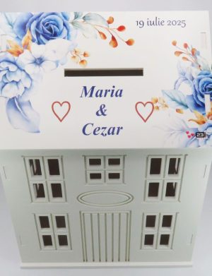 Cutie Dar Nuntă, model personalizat căsuță Flori Albastre, 30x28x40 cm – ILIF504044