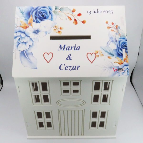 Cutie Dar Nuntă, model personalizat căsuță Flori Albastre, 30x28x40 cm ILIF504044 (6)