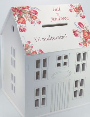 Cutie Dar Nuntă, model personalizat căsuță Lalele Roșii, 30x28x40 cm – ILIF504042