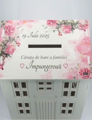 Cutie Dar Nuntă, model personalizat căsuță Trandafiri Roz, 30x28x40 cm – ILIF504045