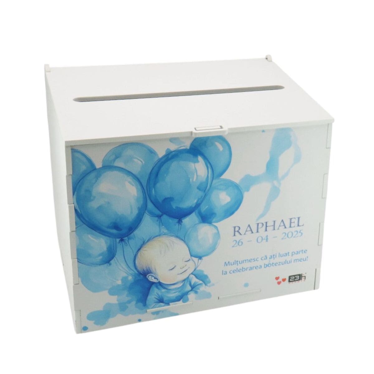 Cutie dar botez băiețel, model personalizat Blue Balloons, 27x20x21cm ILIF504009 (3)