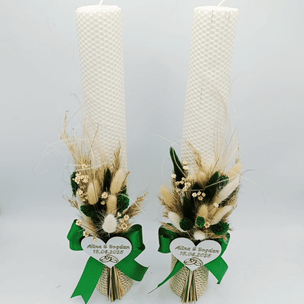 Lumânare Nuntă din ceară naturală decorată cu flori uscate, model personalizat FEIS504009 (1)