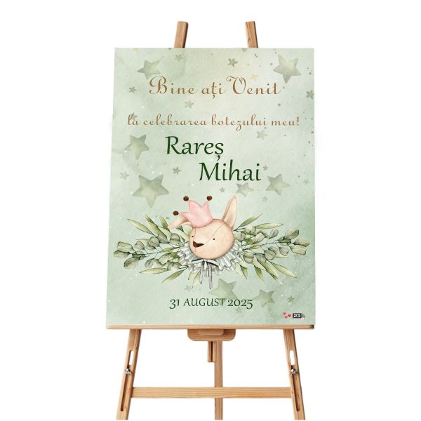 Panou Bun Venit Botez, model personalizat Iepuraș, dim. 60x90 cm ILIF505011