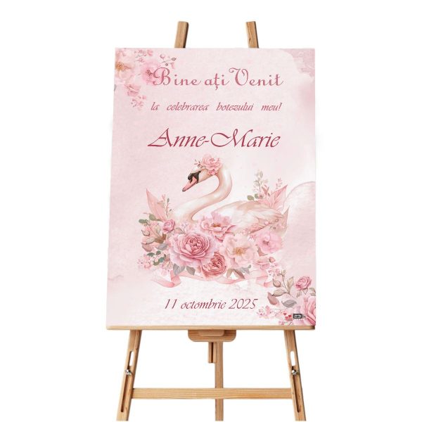 Panou Bun Venit Botez, model personalizat Lebădă, dim. 60x90 cm ILIF505008