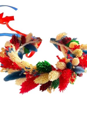 Coroniță din flori uscate – model reglabil, cromatică alb-roșu-albastru-verde – AMB506003
