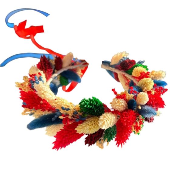Coroniță din flori uscate – model reglabil, cromatică alb-roșu-albastru-verde - AMB506003