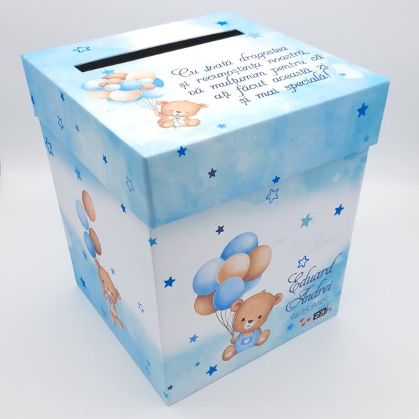Cutie dar (bani) botez, personalizată, design Ursuleț cu baloane, bleu, dim. 21x21x26 cm - MIBC505004 - Image 9
