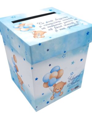 Cutie dar (bani) botez, personalizată, design Ursuleț cu baloane, bleu, dim. 21x21x26 cm – MIBC505004