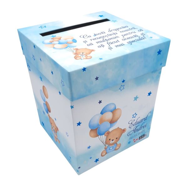 Cutie dar (bani) botez, personalizată, design Ursuleț cu baloane, bleu, dim. 21x21x26 cm - MIBC505004