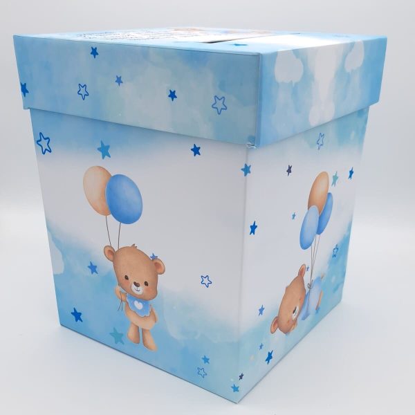 Cutie dar (bani) botez, personalizată, design Ursuleț cu baloane, bleu, dim. 21x21x26 cm - MIBC505004 - Image 6