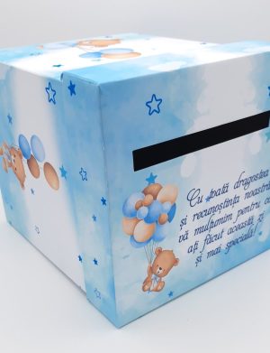 Cutie dar (bani) botez, personalizată, design Ursuleț cu baloane, bleu, dim. 21x21x26 cm – MIBC505004