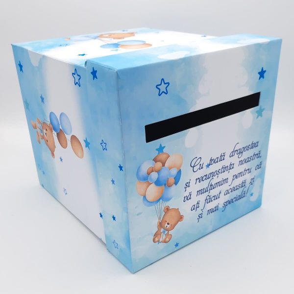 Cutie dar (bani) botez, personalizată, design Ursuleț cu baloane, bleu, dim. 21x21x26 cm - MIBC505004 - Image 5