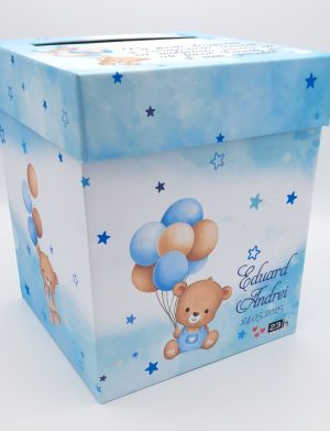 Cutie dar (bani) botez, personalizată, design Ursuleț cu baloane, bleu, dim. 21x21x26 cm – MIBC505004