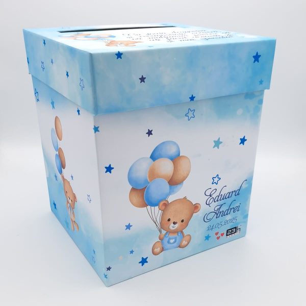Cutie dar (bani) botez, personalizată, design Ursuleț cu baloane, bleu, dim. 21x21x26 cm - MIBC505004 - Image 4