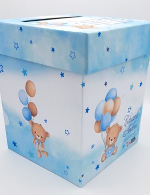 Cutie dar (bani) botez, personalizată, design Ursuleț cu baloane, bleu, dim. 21x21x26 cm – MIBC505004