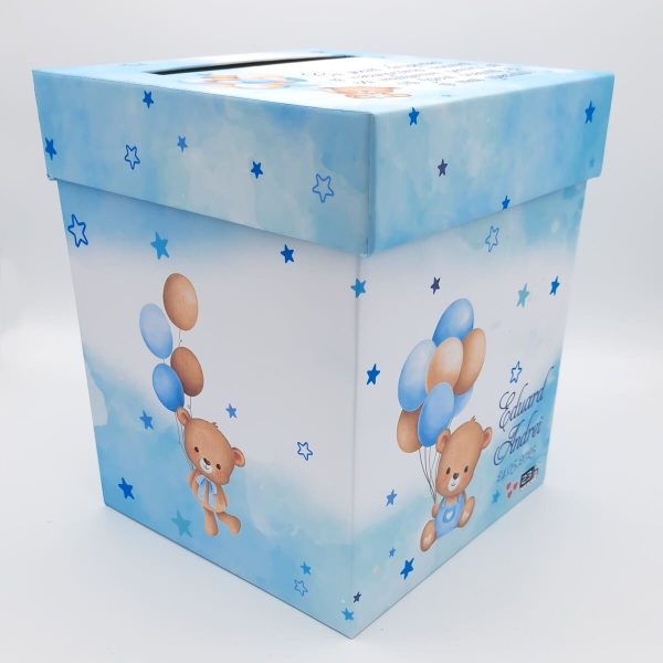 Cutie dar (bani) botez, personalizată, design Ursuleț cu baloane, bleu, dim. 21x21x26 cm - MIBC505004 - Image 3