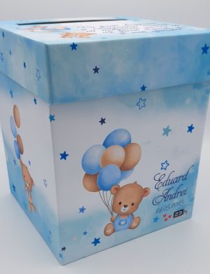 Cutie dar (bani) botez, personalizată, design Ursuleț cu baloane, bleu, dim. 21x21x26 cm – MIBC505004
