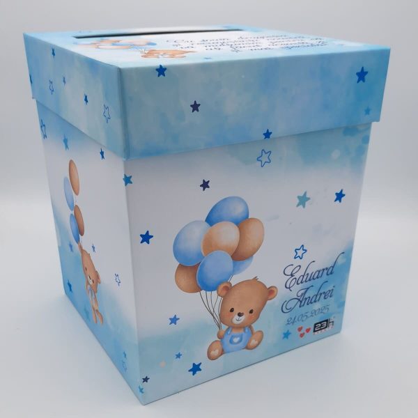Cutie dar (bani) botez, personalizată, design Ursuleț cu baloane, bleu, dim. 21x21x26 cm - MIBC505004 - Image 2