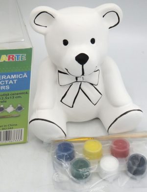 Pictură copii, kit Pușculița Ceramică Ursuleț 12x13cm, acuarele, pensula – ILIF505074