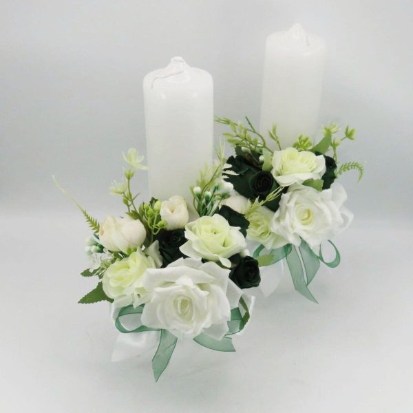 Lumânare cununie, decorată cu flori de mătase, verde & alb ILIF505033 (1)