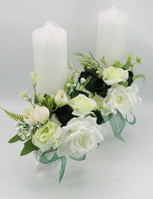 Lumânare cununie, decorată cu flori de mătase, verde & alb – ILIF505033