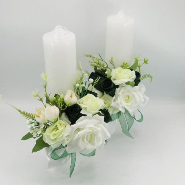 Lumânare cununie, decorată cu flori de mătase, verde & alb ILIF505033 (3)