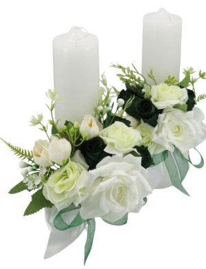 Lumânare cununie, decorată cu flori de mătase, verde & alb – ILIF505033