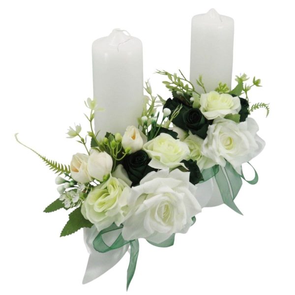 Lumânare cununie, decorată cu flori de mătase, verde & alb ILIF505033 (4)