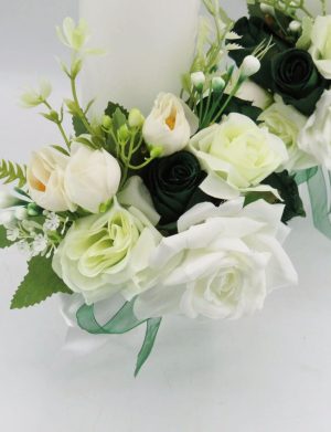 Lumânare cununie, decorată cu flori de mătase, verde & alb – ILIF505033