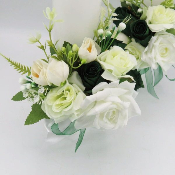 Lumânare cununie, decorată cu flori de mătase, verde & alb ILIF505033 (5)