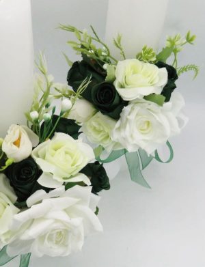 Lumânare cununie, decorată cu flori de mătase, verde & alb – ILIF505033