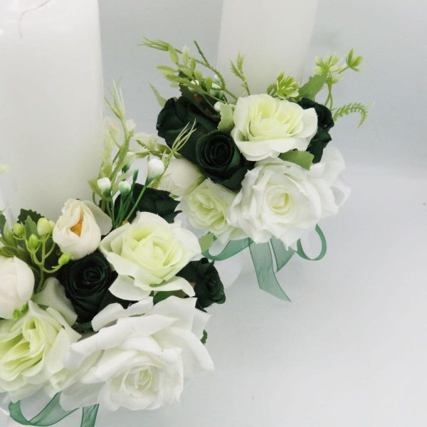 Lumânare cununie, decorată cu flori de mătase, verde & alb ILIF505033 (6)