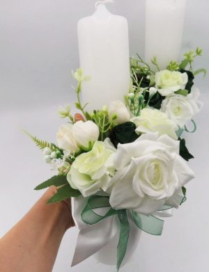 Lumânare cununie, decorată cu flori de mătase, verde & alb – ILIF505033