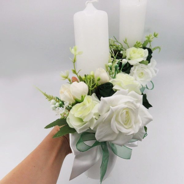 Lumânare cununie, decorată cu flori de mătase, verde & alb ILIF505033 (7)
