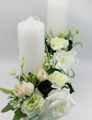 Set 2 lumânări cununie decorate + buchet, flori de mătase verde & alb – ILIF505034
