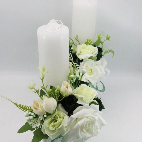 Lumânare cununie, decorată cu flori de mătase, verde & alb ILIF505033 (8)