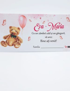 Plic de Dar (bani) pentru botez, Ursuleț și balon roz, personalizat cu nume – MIBC501001