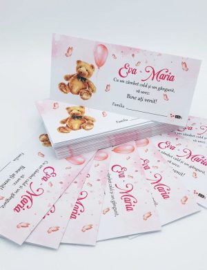 Plic de Dar (bani) pentru botez, Ursuleț și balon roz, personalizat cu nume – MIBC501001