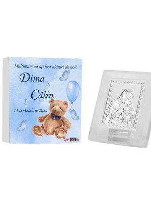 Mărturie botez, iconiță în cutie personalizată, Ursuleț & balon bleu ILIF505051